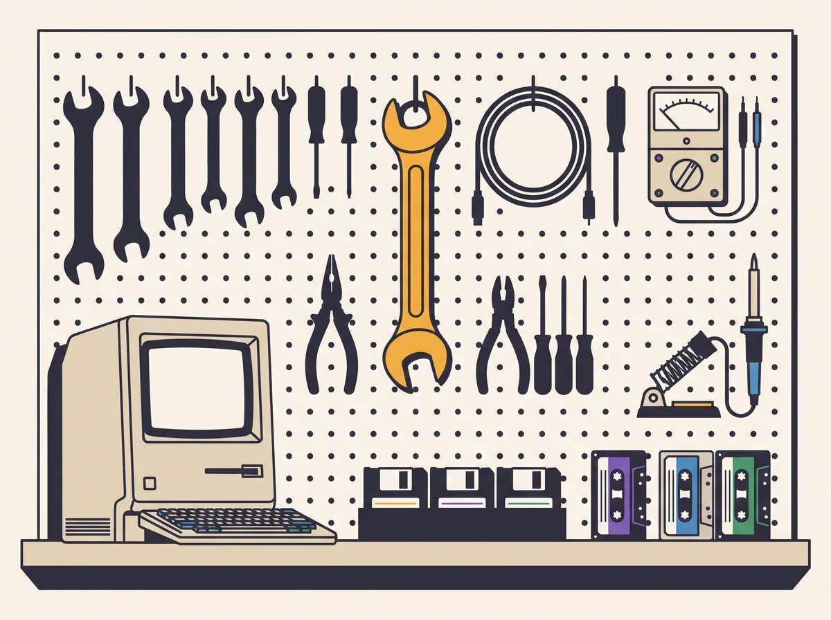 Gereedschapswand met sleutels, meters, floppy's en cassettes.